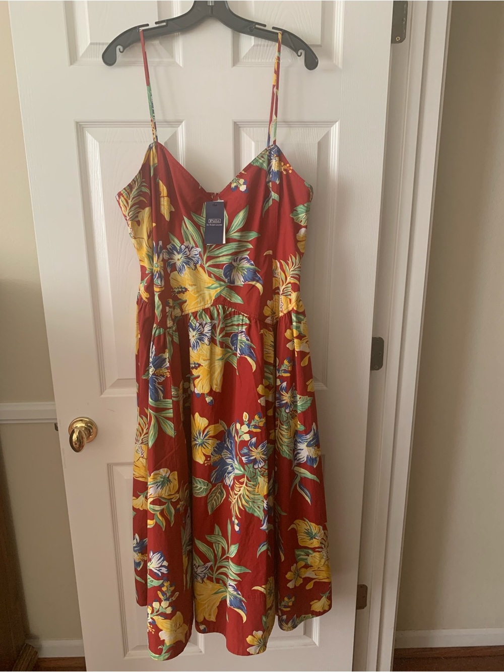 NWT Ralph Lauren Cotton Dress Red Multicolor Floral Spaghetti Straps Zip Maxi 14